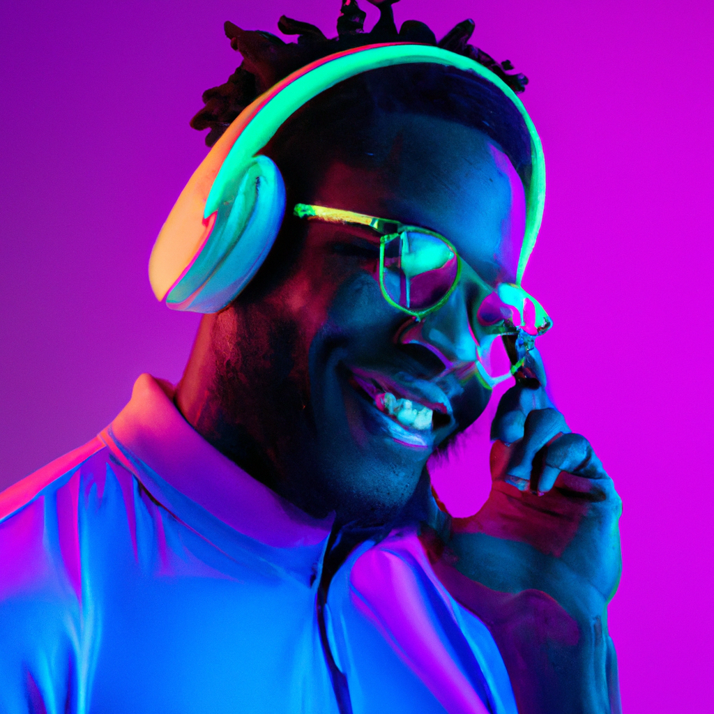 Cheerful Black Guy In Stylish Eyeglasses Enjoying Listening Music In Wireless Headphones, purple neon background