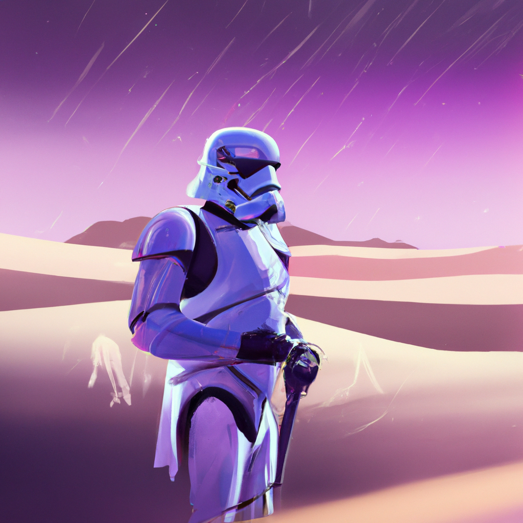 Storm trooper in the desert, high-detail, dramatic lighting, digital art, neon purple background